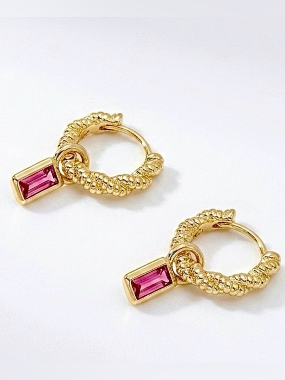 Pink Real Crystal Drop Twisted Hoop Earrings 14K Gold Plated Water Resistant